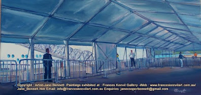 plein air oil painting of 'Pacific Jewel ' at temporary cruise ship facility Barangaroo by Artist Jane Bennett